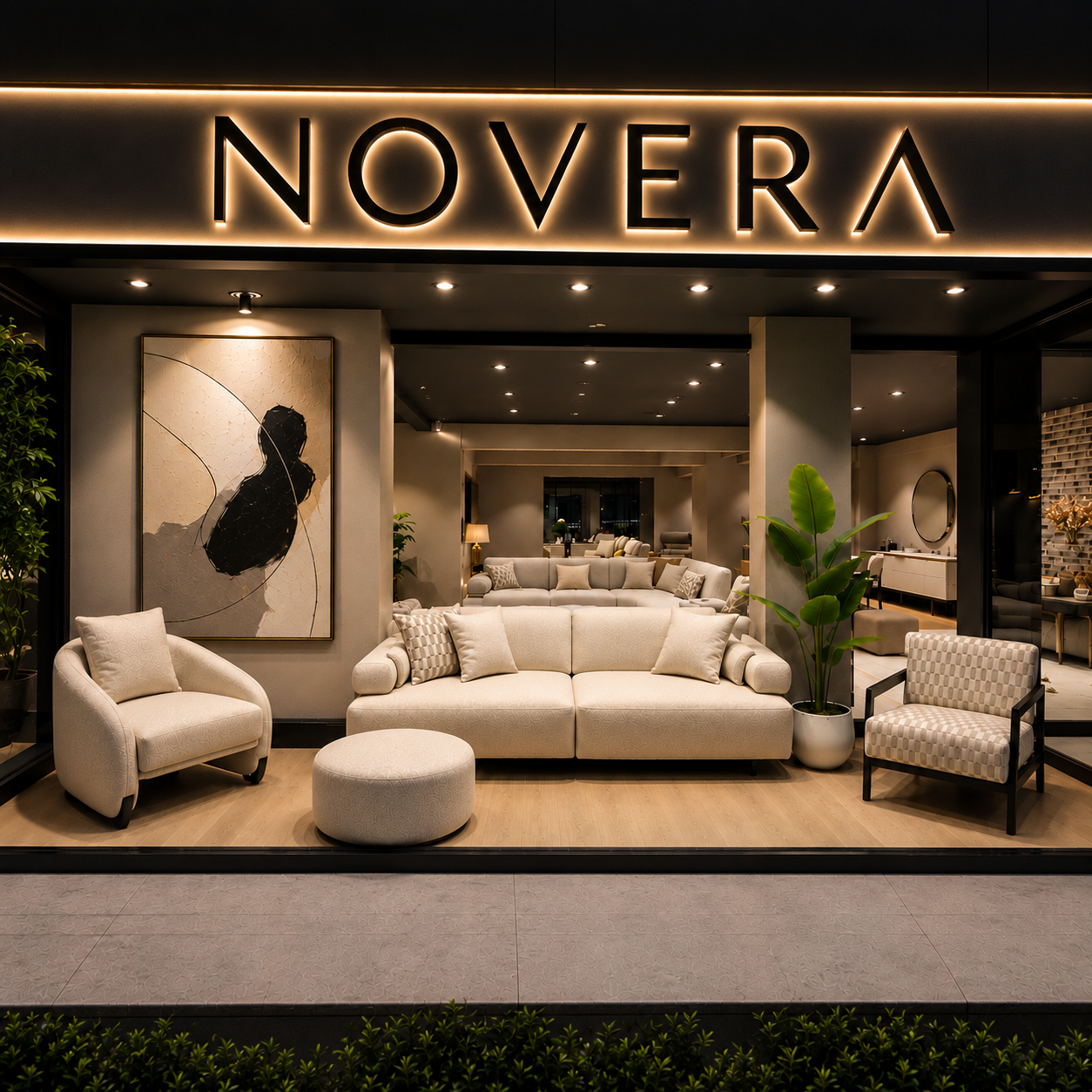 Novera Mobilya Caddebostan mağazası, ışıklı NOVERA tabelası ve mobilya vitrini